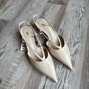 Zara Cream and White Leather Pointed Toe Slingback Kitten Heels
